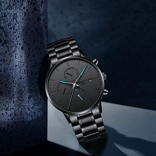 ساعت‌های مردانه NIBOSI ساعت‌های مینیمالیستی آنالوگ مشکی ساعت‌های مردانه تجاری کرنوگراف ساعت‌های مچی معمولی نظامی ساعت‌های مچی استیل ضد زنگ تاریخ Image