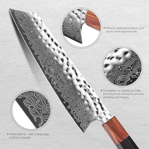 WEERLTEM Damascus Chef Knife, Upgraded 8 Inch Professional VG10 Damascus steel Japanese Kiritsuke Knife, Ultra Sharp 67-Layer Damascus Kitchen Knife with Octagonal Red Sandalwood Handle & Gift Box Image