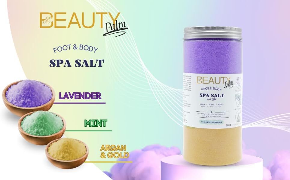 پودر مخلوط نمک بیوتی پالم اسپا 600 گرم برای پا و بدن (اسطوخودوس/طلا/نعناع) l مرطوب کننده و آبرسان طبیعی l پوست صاف و نرم Image