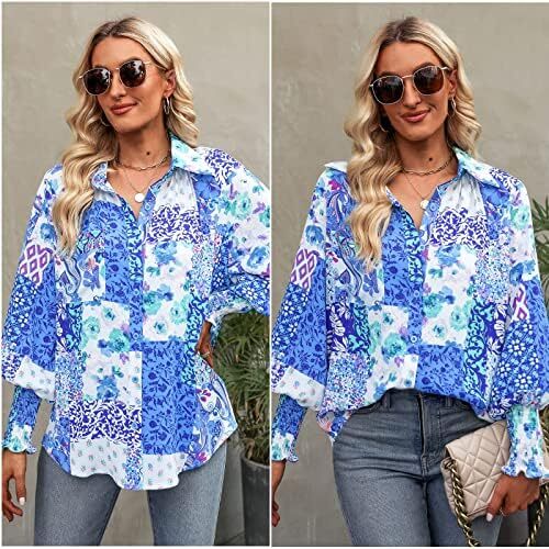 Prettywear زنانه دکمه دار پیراهن فانوس بلند پیراهن آستین بلند سایز بلوز گاه به گاه تاپ چکیده چاپ شده Image