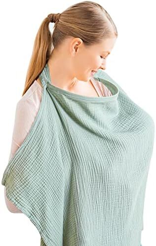 پوشش شیردهی کنسی موسلین برای شیردهی نوزاد، پوشش شیردهی ۱۰۰٪ پنبه‌ای قابل تنفس با حلقه سخت برای پیشبند مادر، چتر صندلی خودرو چندمنظوره (سبز روشن) (BRJ08) Image