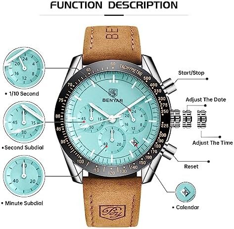 ساعت مچی مردانه BY BENYAR ساعت چند کاره کرونوگراف تاریخ کوارتز مردانه استیل ضد زنگ مشکی/بند چرم قهوه ای آنالوگ ساعت مچی هدیه برای مردان مشاغل معمولی Image