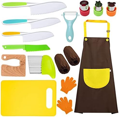 RISICULIS 14 Pieces toddler knife, Kids Knife Set Include Wood Kids Safe Knife, Plastic Toddler Knife, Cutting Board, Apron, Y Peeler, Crinkle Cutter, Kitchen Sleeves Covers, Gloves, Sandwich Cutter Image