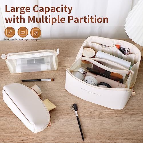 کیف آرایش مسافرتی چرمی PU zaleeta 3 عددی، ست کیف لوازم آرایش مسافرتی با ظرفیت بالا قابل حمل ضدآب، کیف لوازم آرایش زنانه، ست کیف آرایشی سازمان دهنده آرایش تخت باز با تقسیم کننده و دسته، Image