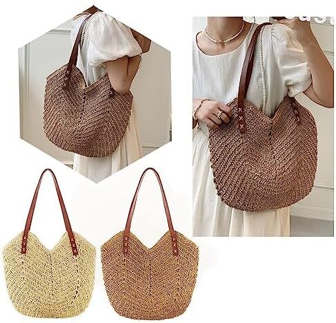 کیف دستی حصیری با ظرفیت بزرگ Aktudy، کیف دستی شانه ای توخالی برای زنان کیف ساحلی مسافرتی تابستانی Image