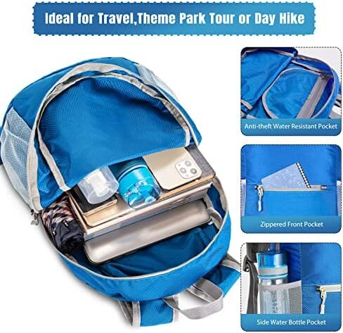 کوله‌پشتی کوچک قابل بسته‌بندی ZOMAKE 20L، کوله‌پشتی کوچک تاشو پیاده‌روی - کیف مسافرتی کوله‌پشتی ضد آب جیبی برای کمپینگ ورزشی مردانه در فضای باز، زنان، مدرسه راهپیمایی، سفر با دوچرخه Image