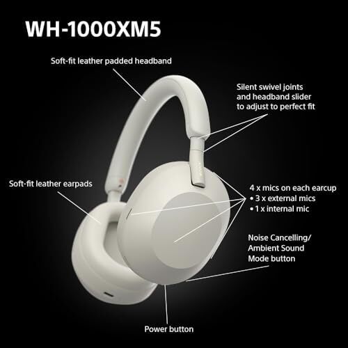 Sony WH 1000XM5 Noise Cancelling Wireless Headphones 30 hours battery life Over ear style Optimised for Alexa and the Google Assistant with built in mic for phone calls Silver, One Size Image