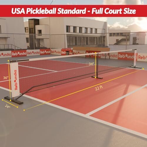 REBOUNDIA Pickleball Net قابل حمل در فضای باز، سیستم توری توپ ترشی با سایز رسمی 22 فوتی با کیف حمل و پاداش تمرین انفرادی Rebounder