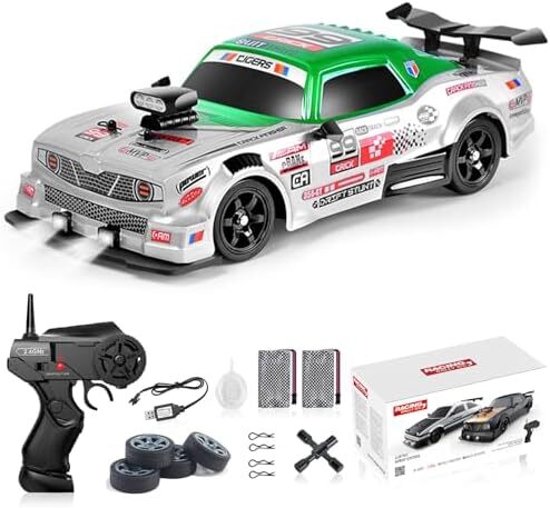 ماشین کنترل از راه دور ماشین RC Drift ماشین 1:16 مقیاس 4WD 18KM/H مدل ماشین با سرعت بالا 2.4GHz با چراغ LED اسپری لاستیک تایر مسابقه ای ماشین اسباب بازی اسپرت برای بزرگسالان پسر دختر هدیه بچه ها 2 عدد باتری قابل شارژ Image