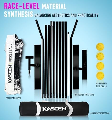 توری قابل حمل KASCEN Pickleball با چرخ - 22FT USAPA سایز تنظیمی توری Pickleball برای Driveway با نگهدارنده توپ، 4 Pickleball، کیف حمل برای فضای بیرونی سیاه سفید Image