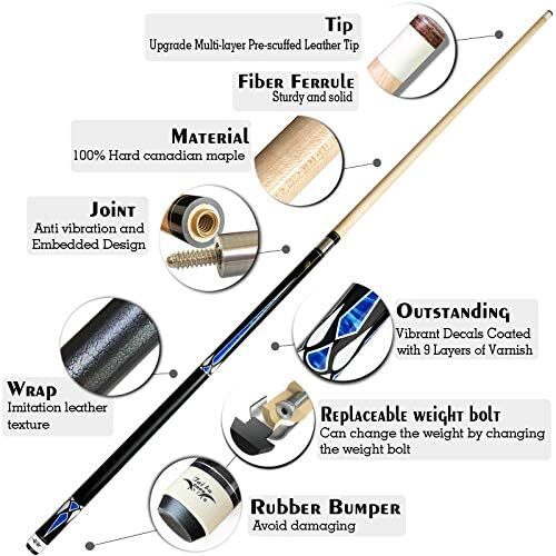 تای با کیوس 2 تکه چوب استخر + قاب سخت، نوک 13 میلی‌متری، 58 اینچ چوب بیلیارد حرفه‌ای افرا کانادایی چوب بیلیارد 18،19،20،21،22 چوب استخر (قابل انتخاب) - آبی، مشکی، قرمز، خاکستری ، سبز