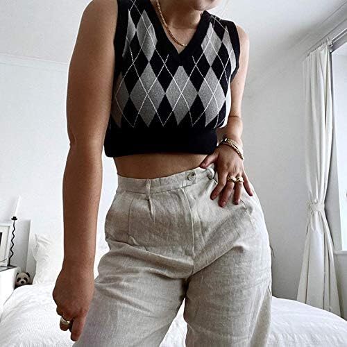 جلیقه ژاکت بافتنی Hyipels Argyle زنانه Y2K لباس بافتنی چهارخانه مدل لباس بافتنی Preppy Style V یقه تاپ تانک دخترانه Image