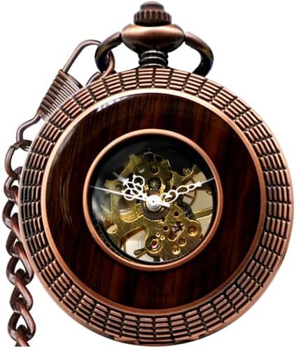 ساعت مچی جیبی مکانیکی مردانه VIGOROSO با طراحی خالی چوبی و زنجیر و جعبه Image