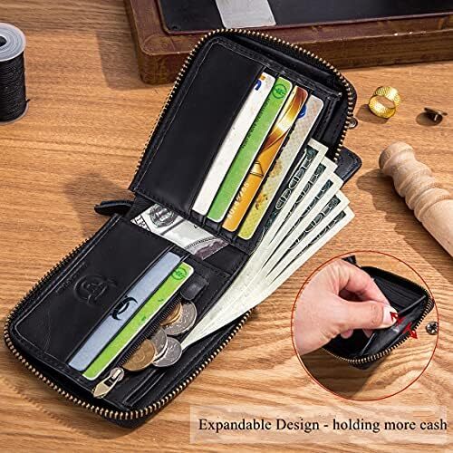کیف پول مردانه RFID چرم اصل BULLCAPTAIN با ظرفیت بزرگ کارت شناسایی با جیب سکه زیپ QB-231، مشکی، کوچک، مینیمالیستی Image