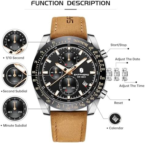 ساعت مچی مردانه BY BENYAR ساعت چند کاره کرونوگراف تاریخ کوارتز مردانه استیل ضد زنگ مشکی/بند چرم قهوه ای آنالوگ ساعت مچی هدیه برای مردان مشاغل معمولی Image