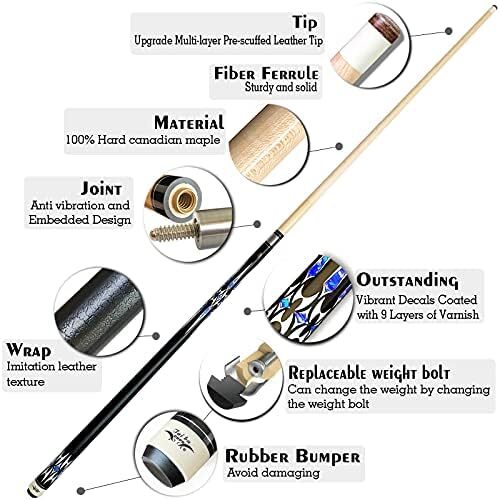 تای با کیوس 2 تکه چوب استخر + قاب سخت، نوک 13 میلی‌متری، 58 اینچ چوب بیلیارد حرفه‌ای افرا کانادایی چوب بیلیارد 18،19،20،21،22 چوب استخر (قابل انتخاب) - آبی، مشکی، قرمز، خاکستری ، سبز Image