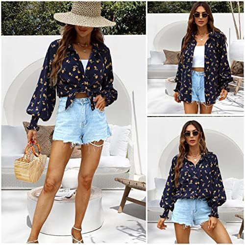 Prettywear زنانه دکمه دار پیراهن فانوس بلند پیراهن آستین بلند سایز بلوز گاه به گاه تاپ چکیده چاپ شده Image