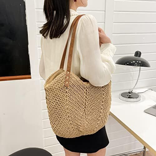 کیف دستی حصیری با ظرفیت بزرگ Aktudy، کیف دستی شانه ای توخالی برای زنان کیف ساحلی مسافرتی تابستانی Image