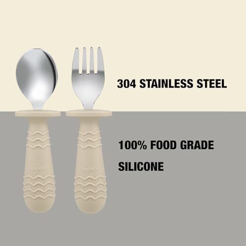 پک ۲ عددی بشقاب‌های مکش استیل ضد زنگ پاندا ایر و پک ۲ عددی قاشق و چنگال، ست ظروف کودک، بشقاب‌های تقسیم شده برای تغذیه خودرهبری نوزاد، بدون BPA (قهوه‌ای/گردویی) Image
