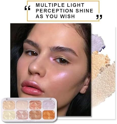پالت آرایشی با هایلایتر صورت 8 رنگ، پودر هایلایت چند رنگی Shimmer Glitter، همه سایه های درخشان را می توان لایه لایه یا به صورت جداگانه پوشید تا ویژگی های چهره شما را تقویت و روشن کند. Image