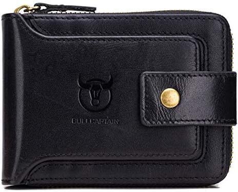 کیف پول مردانه RFID چرم اصل BULLCAPTAIN با ظرفیت بزرگ کارت شناسایی با جیب سکه زیپ QB-231، مشکی، کوچک، مینیمالیستی Image