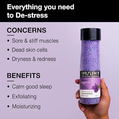 نمک حمام اسطوخودوس Soulflower برای خیساندن با اسانس اسطوخودوس برای زنان مردان، نمک دریایی 100٪ غنی از مواد معدنی، اسپا بدن و پا، ست هدیه ایده آل برای مردان، 500 گرم / 18 اونس