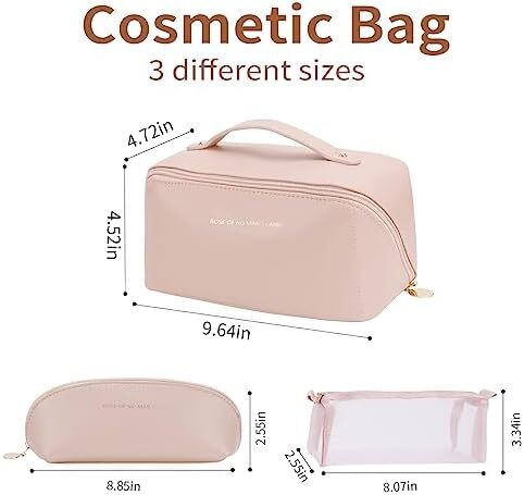3 عدد کیف آرایش مسافرتی کیف لوازم آرایشی قابل حمل زنانه با ظرفیت بالا مجموعه کیف سازمان‌دهنده کیف آرایش تخت از 3 عدد کیف آرایشی ضد آب چرم PU با تقسیم‌کننده و دسته (صورتی) Image