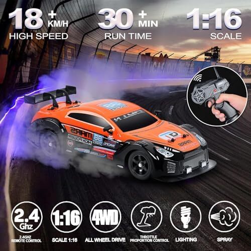 ماشین کنترل از راه دور ماشین RC Drift ماشین 1:16 مقیاس 4WD 18KM/H مدل ماشین با سرعت بالا 2.4GHz با چراغ LED اسپری لاستیک تایر مسابقه ای ماشین اسباب بازی اسپرت برای بزرگسالان پسر دختر هدیه بچه ها 2 عدد باتری قابل شارژ Image