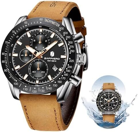 ساعت مچی مردانه BY BENYAR ساعت چند کاره کرونوگراف تاریخ کوارتز مردانه استیل ضد زنگ مشکی/بند چرم قهوه ای آنالوگ ساعت مچی هدیه برای مردان مشاغل معمولی Image