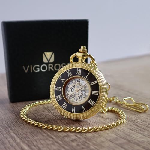 ساعت مچی جیبی مکانیکی مردانه VIGOROSO با طراحی خالی چوبی و زنجیر و جعبه Image