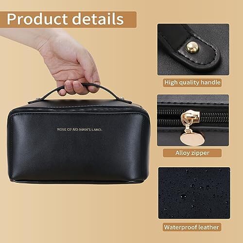 کیف لوازم آرایش مسافرتی 3 عدد کیف لوازم آرایشی قابل حمل زنانه با ظرفیت بالا مجموعه کیف سازمان دهنده کیف آرایشی تخت از 3 عدد کیف آرایشی ضد آب چرم PU با تقسیم کننده و دسته، مشکی، کیف های آرایشی Image