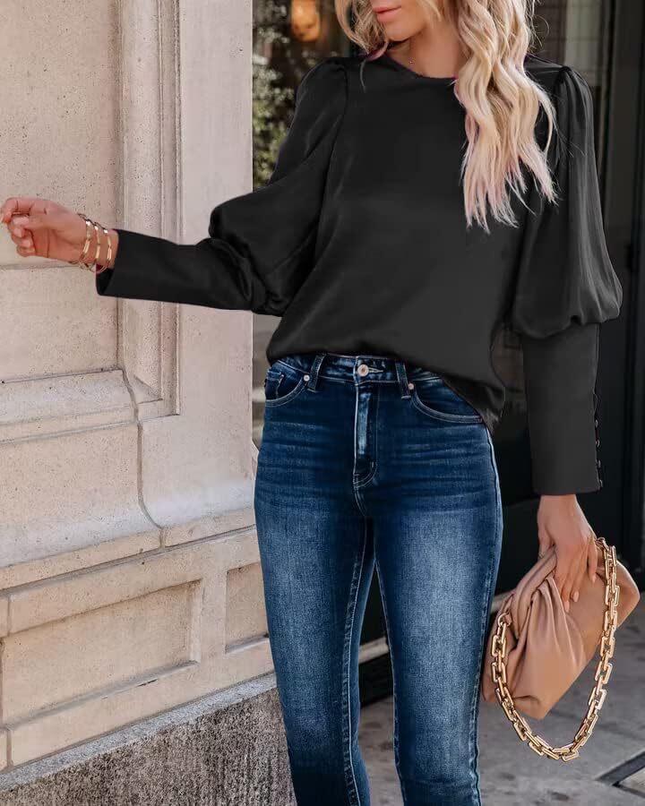 بلوز ساتن زنانه شیگانت پیراهن ابریشمی آستین بلند یقه خدمه تاپ تونیک کاری تجاری Image