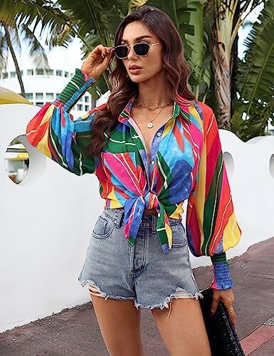 Prettywear زنانه دکمه دار پیراهن فانوس بلند پیراهن آستین بلند سایز بلوز گاه به گاه تاپ چکیده چاپ شده Image