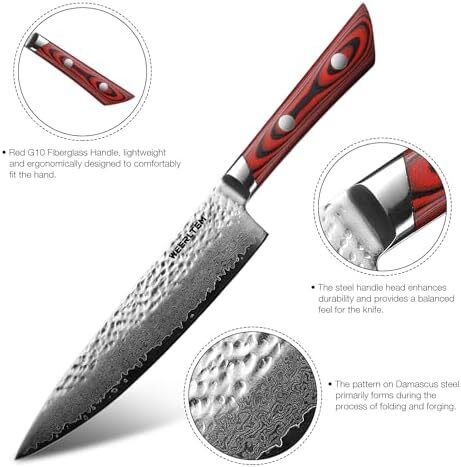 چاقوی سرآشپز WEERLTEM، ۸ اینچ، چاقوی حرفه‌ای فولاد VG10 با ۶۷ لایه دمشقی، فوق‌العاده تیز، دست‌ساز، فولاد ضد زنگ کربن بالا، چاقوی آشپزخانه ژاپنی با دسته قرمز G10 و جعبه هدیه Image