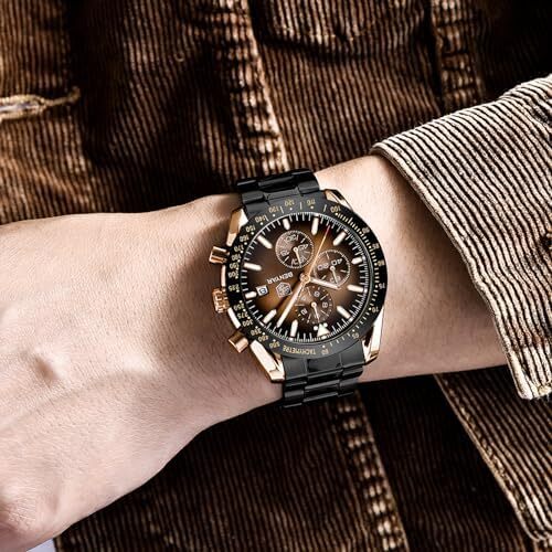 ساعت مچی مردانه BY BENYAR ساعت چند کاره کرونوگراف تاریخ کوارتز مردانه استیل ضد زنگ مشکی/بند چرم قهوه ای آنالوگ ساعت مچی هدیه برای مردان مشاغل معمولی Image