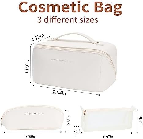 کیف آرایش مسافرتی چرمی PU zaleeta 3 عددی، ست کیف لوازم آرایش مسافرتی با ظرفیت بالا قابل حمل ضدآب، کیف لوازم آرایش زنانه، ست کیف آرایشی سازمان دهنده آرایش تخت باز با تقسیم کننده و دسته، Image
