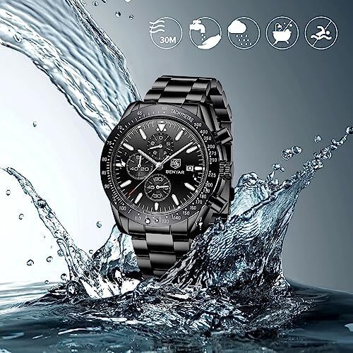 ساعت مچی مردانه BY BENYAR ساعت چند کاره کرونوگراف تاریخ کوارتز مردانه استیل ضد زنگ مشکی/بند چرم قهوه ای آنالوگ ساعت مچی هدیه برای مردان مشاغل معمولی Image