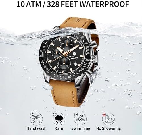 ساعت مچی مردانه BY BENYAR ساعت چند کاره کرونوگراف تاریخ کوارتز مردانه استیل ضد زنگ مشکی/بند چرم قهوه ای آنالوگ ساعت مچی هدیه برای مردان مشاغل معمولی Image