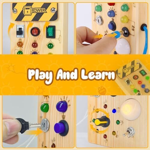 Hoarosall montessori toddler busy board, baby wooden busy board with 8 LED light switches, sensory toys light switch toys travel toys for 1+ year old baby and toddler Image