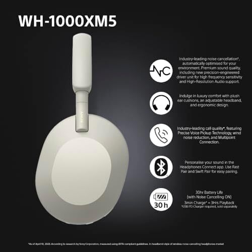 Sony WH 1000XM5 Noise Cancelling Wireless Headphones 30 hours battery life Over ear style Optimised for Alexa and the Google Assistant with built in mic for phone calls Silver, One Size Image