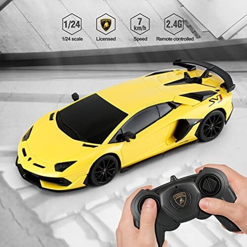 ماشین ریموت کنترل لامبورگینی RASTAR، ماشین اسباب بازی مدل 1/24 RC Lamborghini Aventador SVJ RC، زرد Image