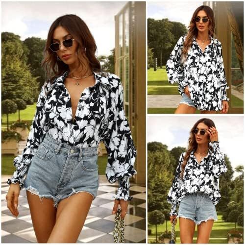Prettywear زنانه دکمه دار پیراهن فانوس بلند پیراهن آستین بلند سایز بلوز گاه به گاه تاپ چکیده چاپ شده Image