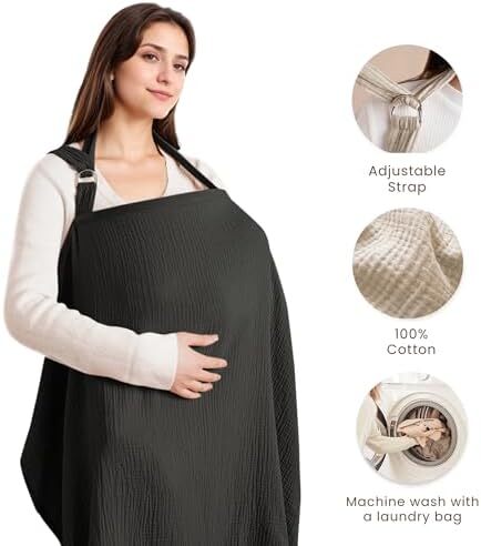 پوشش شیردهی کنسی موسلین برای شیردهی نوزاد، پوشش شیردهی ۱۰۰٪ نخی قابل تنفس با حلقه سخت برای پیشبند مادر، چادر چندمنظوره صندلی خودرو (مشکی) Image