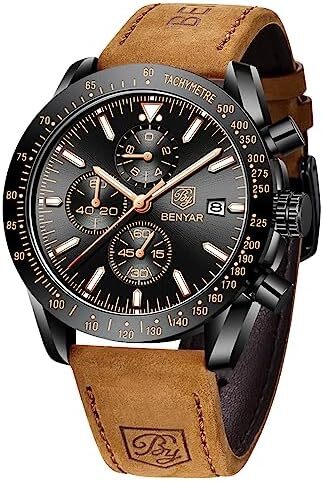ساعت مچی مردانه BY BENYAR ساعت چند کاره کرونوگراف تاریخ کوارتز مردانه استیل ضد زنگ مشکی/بند چرم قهوه ای آنالوگ ساعت مچی هدیه برای مردان مشاغل معمولی Image