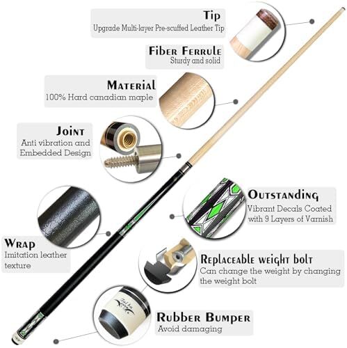 تای با کیوس 2 تکه چوب استخر + قاب سخت، نوک 13 میلی‌متری، 58 اینچ چوب بیلیارد حرفه‌ای افرا کانادایی چوب بیلیارد 18،19،20،21،22 چوب استخر (قابل انتخاب) - آبی، مشکی، قرمز، خاکستری ، سبز Image