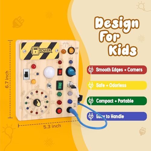 Hoarosall Montessori toys Clock Wooden Busy Board with 11 LED Light switches, Tooddler Toys Sensory Toys Travel Toys for 1+ Year Old Baby and Toddler Image