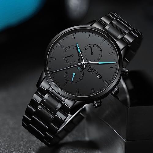 ساعت‌های مردانه NIBOSI ساعت‌های مینیمالیستی آنالوگ مشکی ساعت‌های مردانه تجاری کرنوگراف ساعت‌های مچی معمولی نظامی ساعت‌های مچی استیل ضد زنگ تاریخ Image