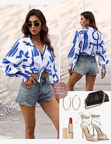 Prettywear زنانه دکمه دار پیراهن فانوس بلند پیراهن آستین بلند سایز بلوز گاه به گاه تاپ چکیده چاپ شده Image