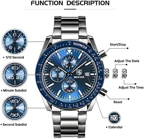 ساعت مچی مردانه BY BENYAR ساعت چند کاره کرونوگراف تاریخ کوارتز مردانه استیل ضد زنگ مشکی/بند چرم قهوه ای آنالوگ ساعت مچی هدیه برای مردان مشاغل معمولی Image