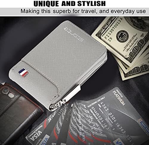 Storite PU چرم 9 دارای جای کارت اعتباری عمودی کیف پول کیف پول زیپی سکه برای مردان زنان - خاکستری نقره ای (11.5 x 2 x 8 سانتی متر) Image